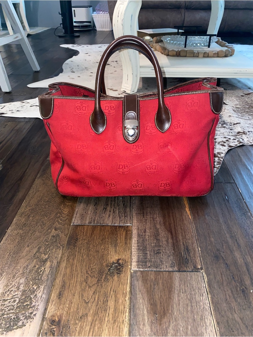 Dooney & Bourke Red Canvas Duffel with Brown Leather Trim
